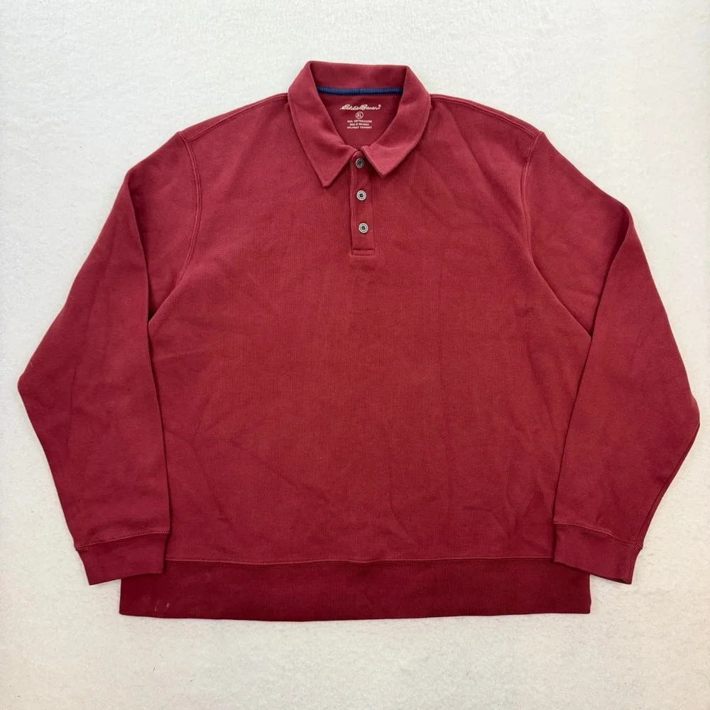 NWT Eddie Bauer Burgundy 100% Cotton Polo Ribbed Men’s Pullover Long Sleeve XL